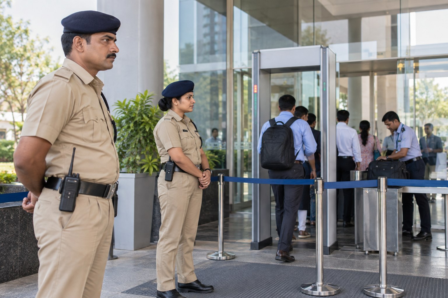 Police officers supervising a security screening checkpoint